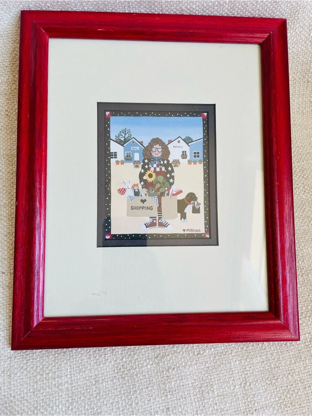 Perkins Shopping Primitive Folk Art Print Red Wood Framed 11x9